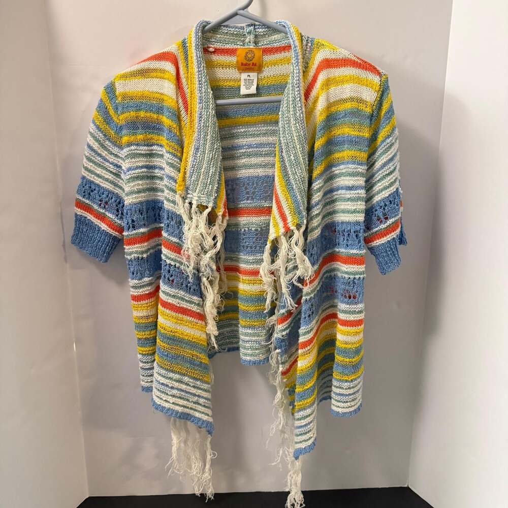 Ruby‎ Rd. Petite Multicolor Striped Fringe Open Front Cardigan Size PL
